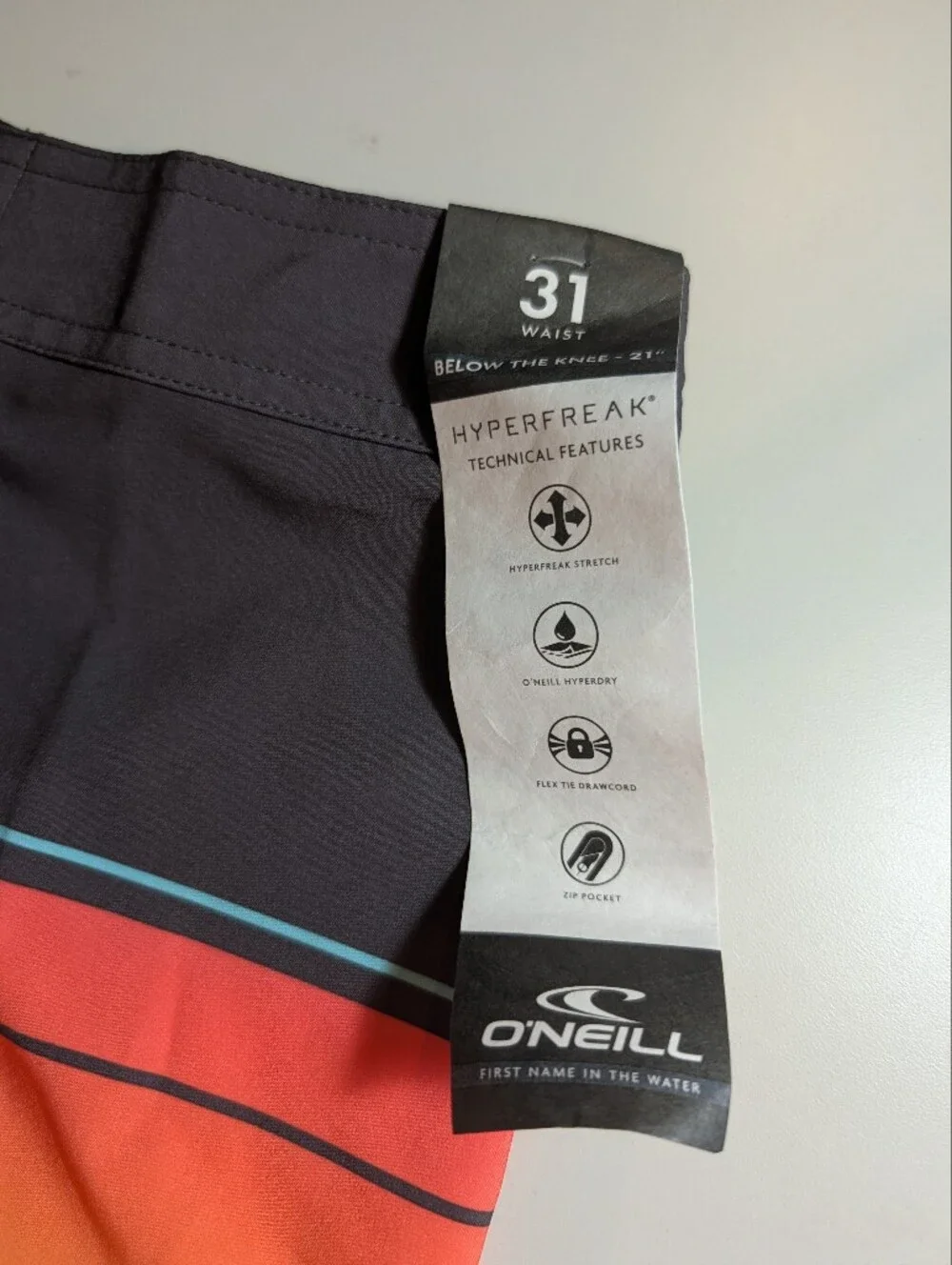 Oneill Mens Size 31 Black & Aqua Striped Hyperfreak Below The Knee Board Shorts